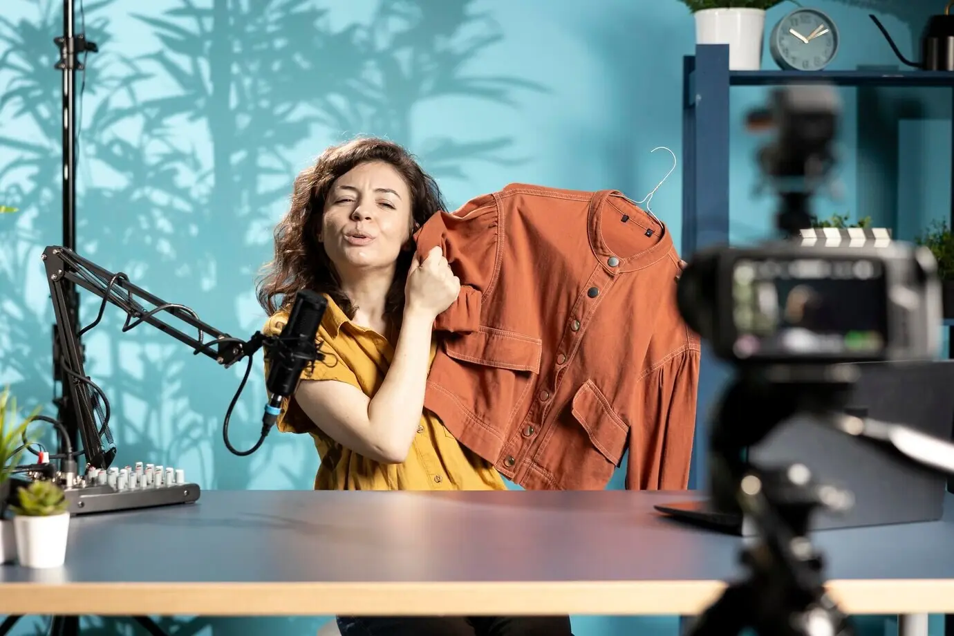 Создатель контента снимает спонсированный модный влог с распаковкой куртки.